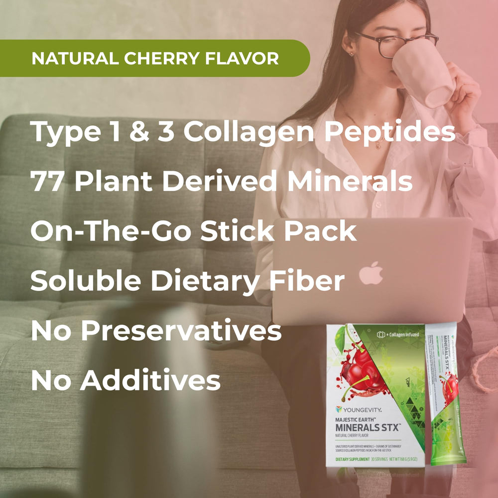 Youngevity Majestic Earth STX showcasing 3g collagen peptides Type I & III.