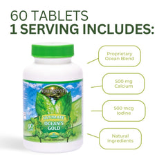 Youngevity Ocean's Gold ingredients panel featuring kelp, chlorella, and spirulina.