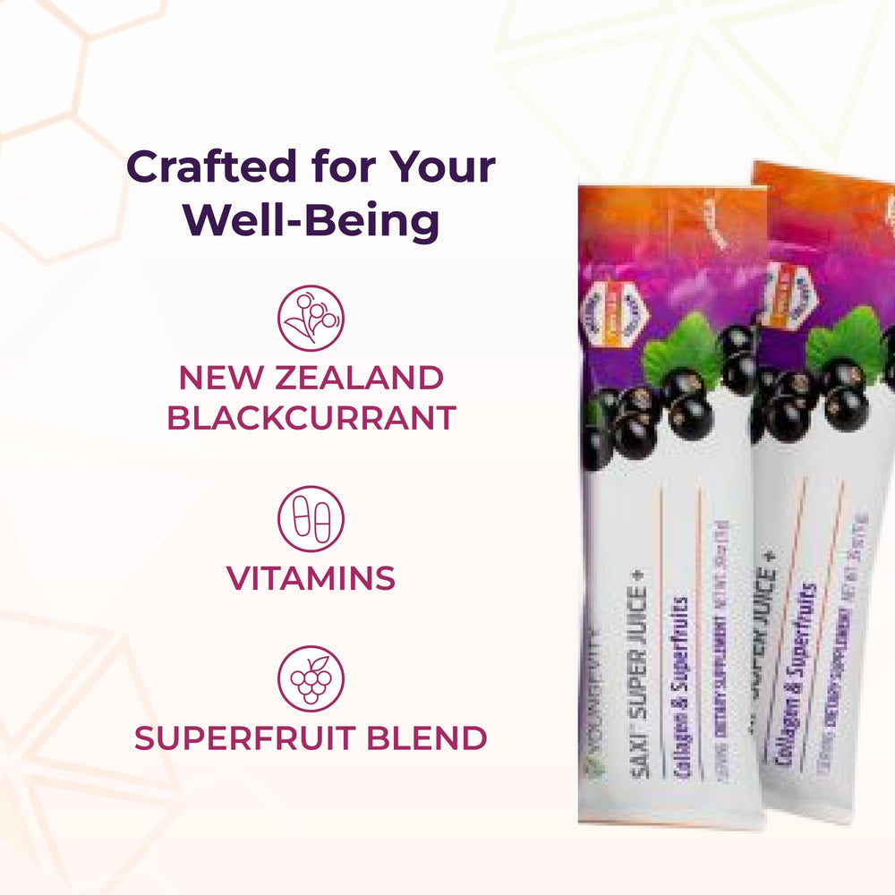 Youngevity SaXi Super Juice label close-up showing NZ blackcurrant.