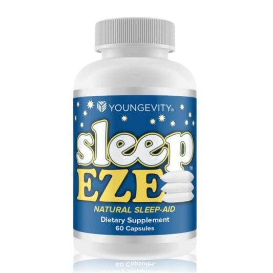 Youngevity Sleep Eze bottle on nightstand promotes calming routine for restful evenings.