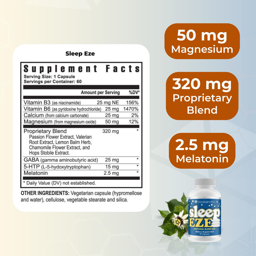 Youngevity Sleep Eze ingredients graphic highlights valerian, passion flower, and 5-HTP.