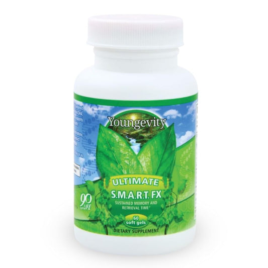 Youngevity S.M.A.R.T. FX bottle pouring soft gels for daily cognitive support.
