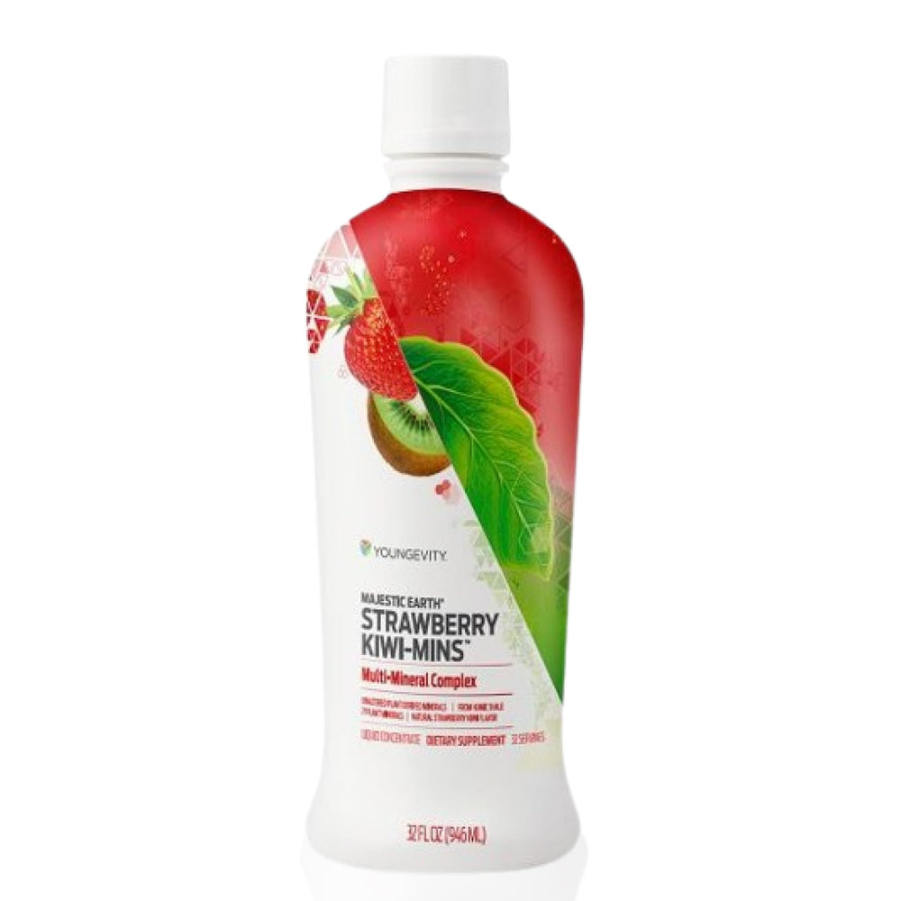 Youngevity Strawberry Kiwi-Mins bottle showing 77 minerals for daily vitality.