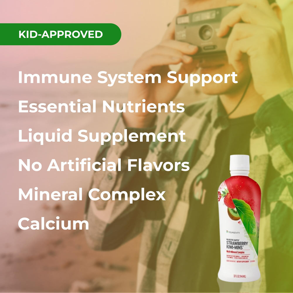 Youngevity Strawberry Kiwi-Mins kid enjoying berry-flavored supplement.