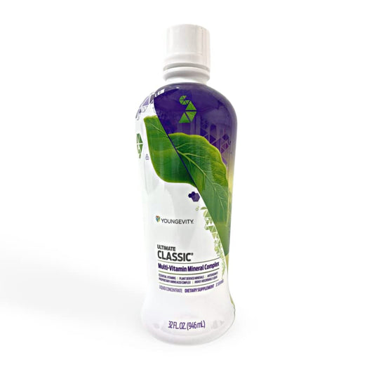 Youngevity Ultimate Classic liquid bottle showing highly absorbable daily multivitamin.