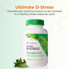 Youngevity Ultimate D-Stress capsules close-up showing valerian root and B-vitamin blend.
