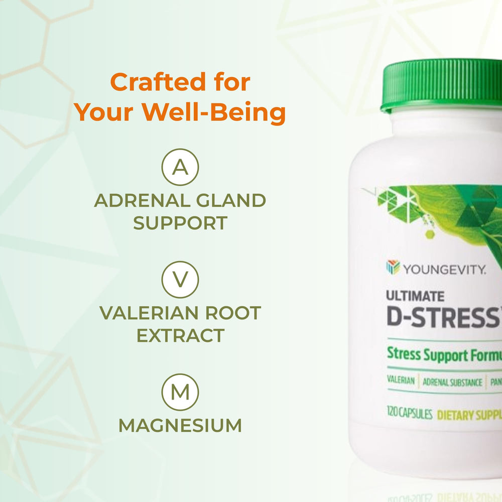 Youngevity Ultimate D-Stress capsules arranged for daily routine use.