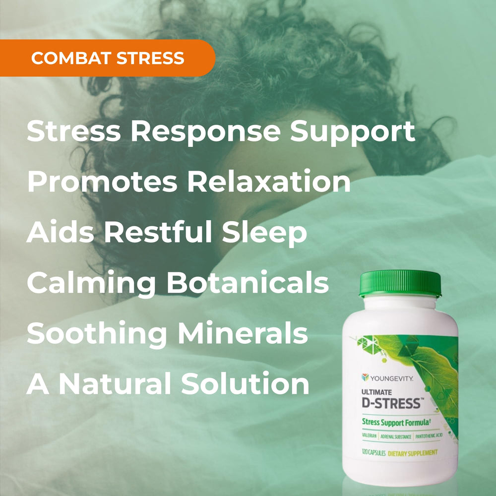 Youngevity Ultimate D-Stress bottle in a calm wellness setting.