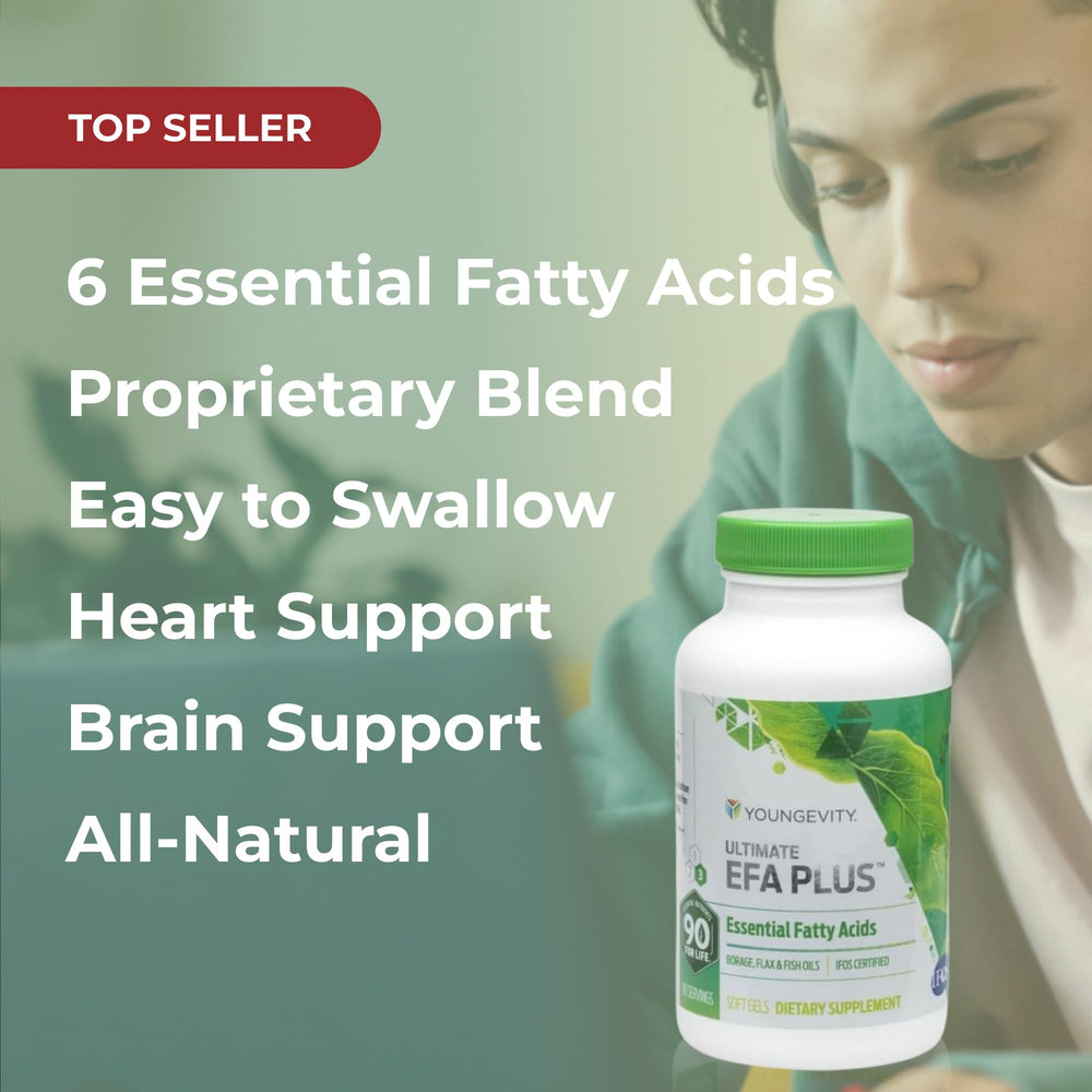 Youngevity Ultimate EFA Plus packaging on the counter highlighting heart and brain benefits.
