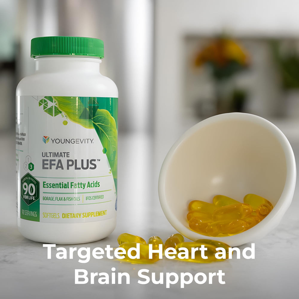 Youngevity Ultimate EFA Plus shelf-packaging appealing to health-conscious shoppers seeking omega supplementation.