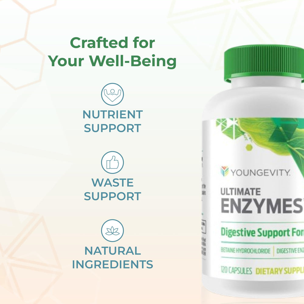Youngevity Ultimate Enzymes bottle placed on a table for a health routine