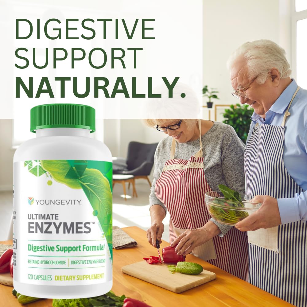 Youngevity Ultimate Enzymes bottle pour demonstrates easy meal-time dosing for better nutrient absorption.