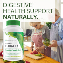 Youngevity Ultimate Flora FX bottle doses highlight 60 capsules per bottle for daily dosing.
