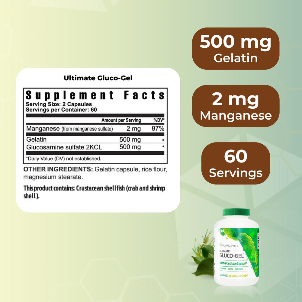 Youngevity Ultimate Gluco Gel bottle back reveals supplement details for bone and cartilage care