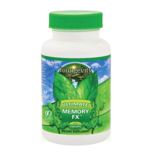 Youngevity Ultimate Memory FX bottle label highlighting brain health support and vitamins.