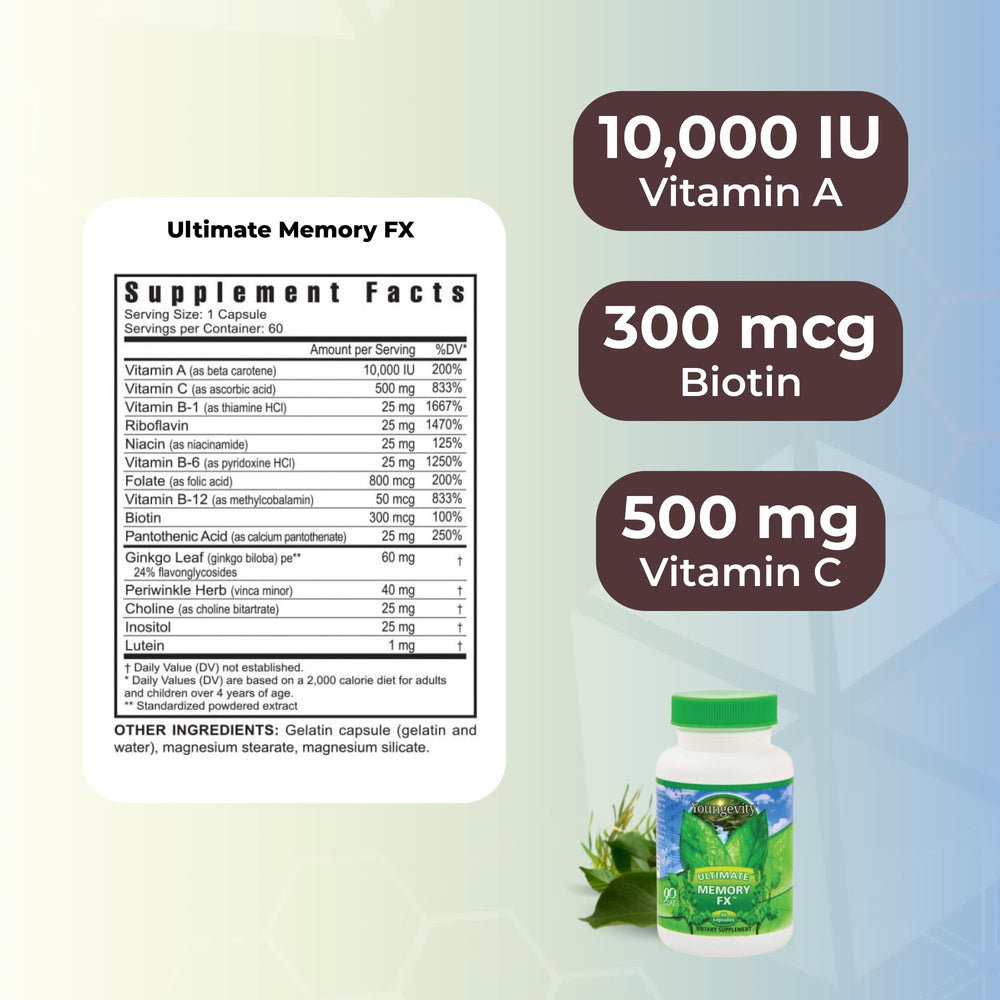 Youngevity Ultimate Memory FX bottle with Ginkgo and Periwinkle imagery.