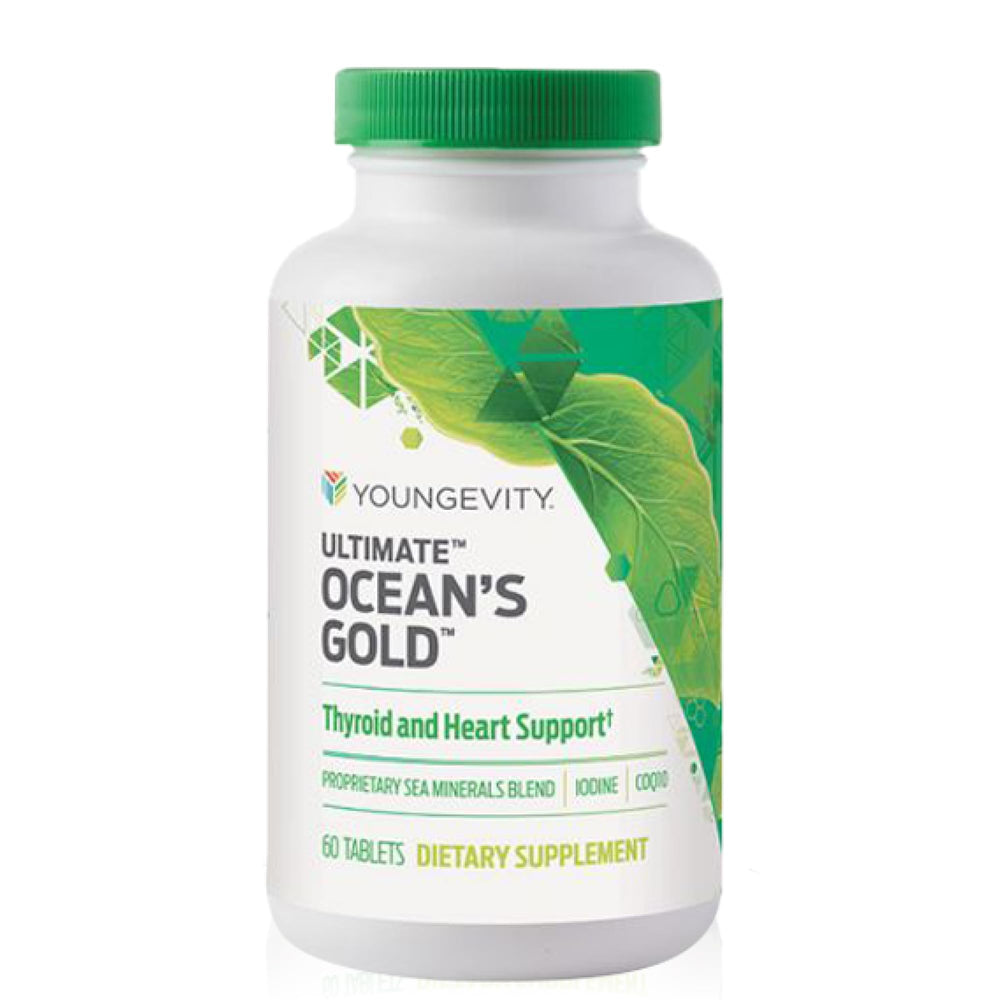 Youngevity Ultimate Ocean's Gold bottle on a kitchen counter supporting thyroid health.