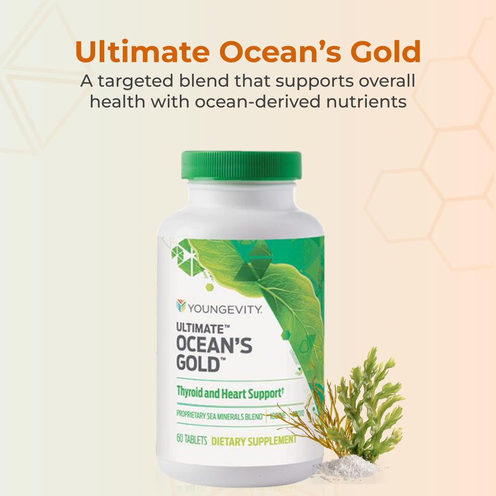 Youngevity Ultimate Ocean's Gold tablets close-up highlighting ocean-derived nutrients for wellness.