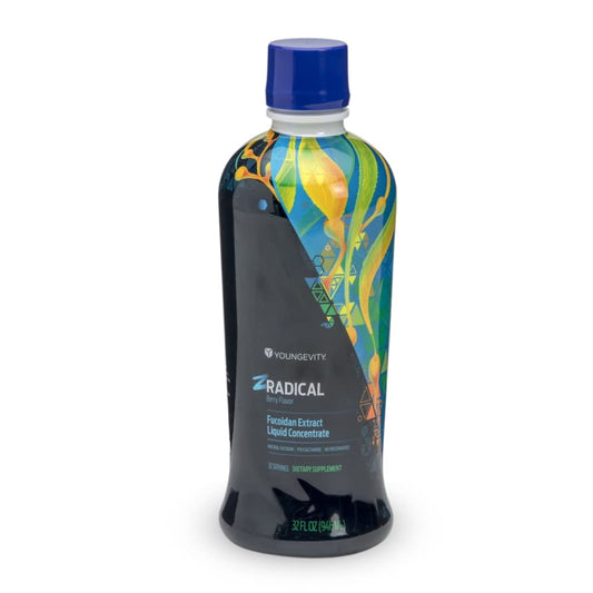 Youngevity ZRadical fucoidan bottle highlights organic fucoidan extract for immune support.