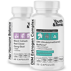Youth & Tonic DIM supplement bottle highlighting estrogen metabolism support for menopause transition