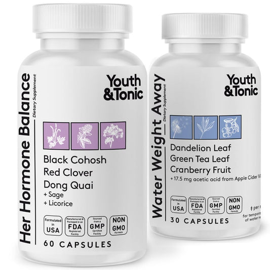 Youth & Tonic PMS duo bottle ready for daily bloating relief and balance.