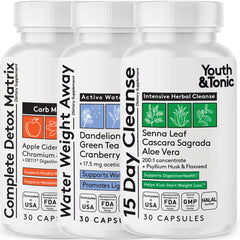 Youth & Tonic 3PK detox bottle on counter for a convenient cleanse kickoff.