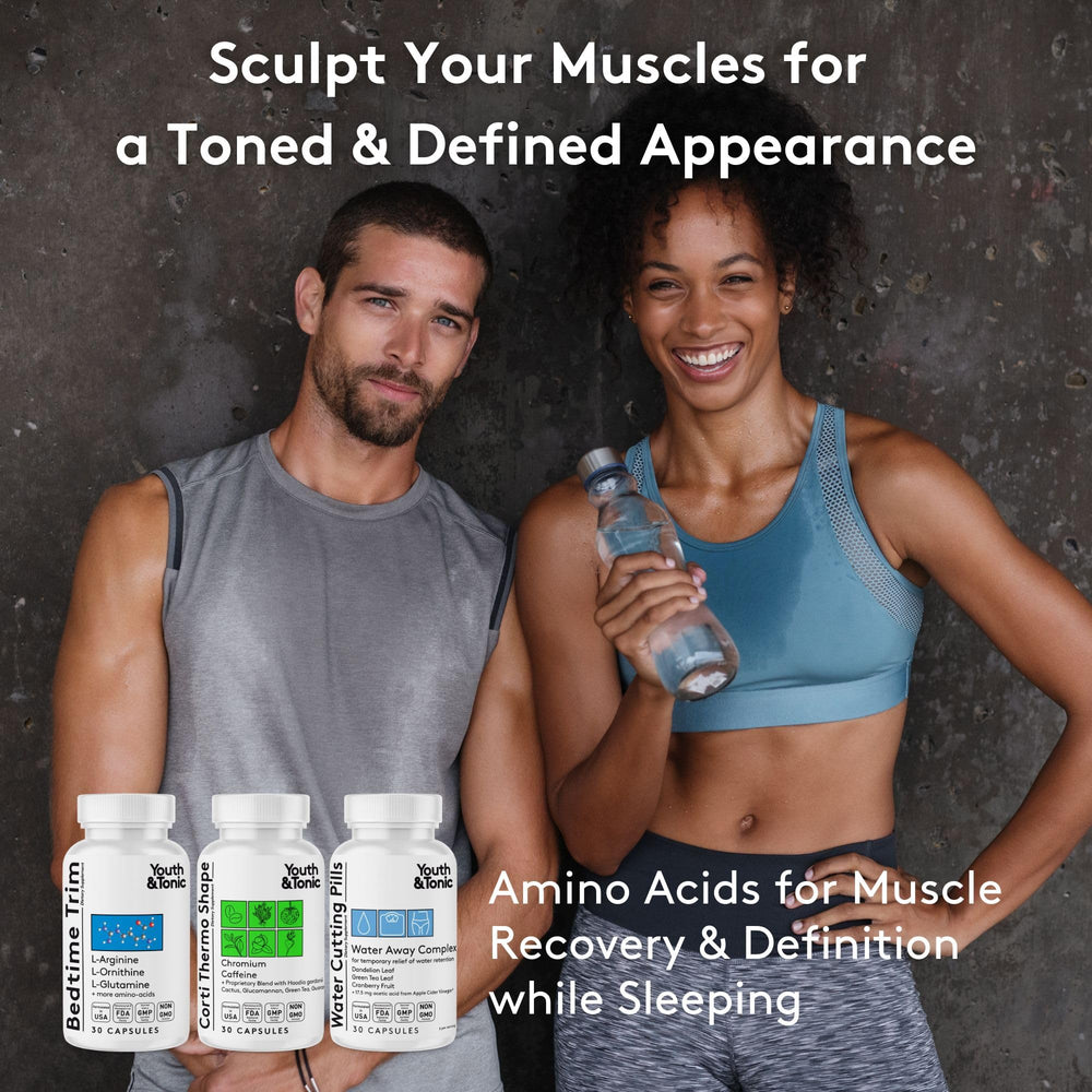 Youth & Tonic Bedtime Trim capsules on a nightstand for overnight recovery