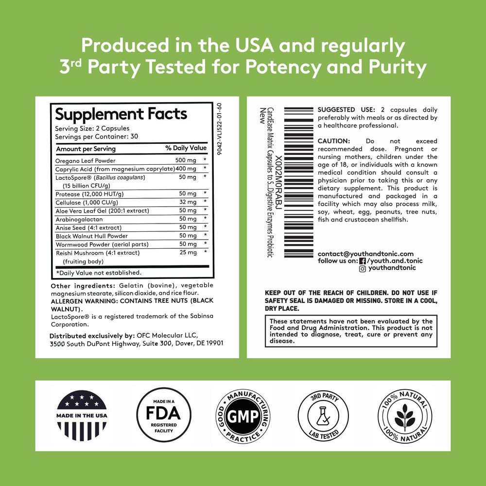 Youth & Tonic CandEase DE111 probiotic capsule underscores robust intestinal flora support.