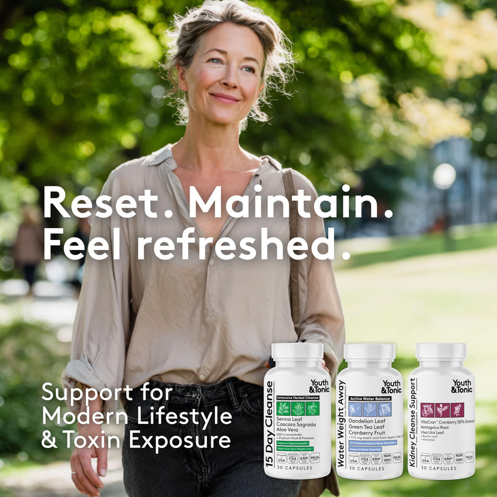 Youth & Tonic detox pills ready for daily use in a bottle.