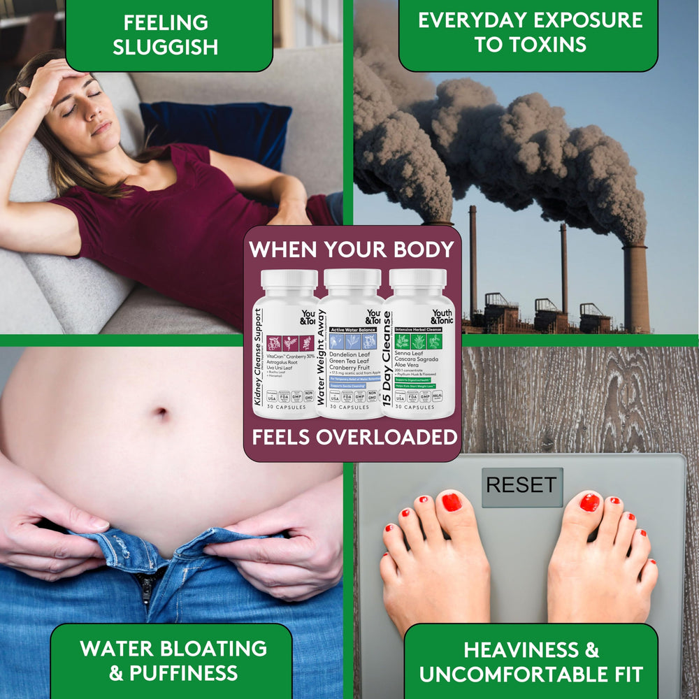 Youth & Tonic kidney cleanse capsules with cranberry extract depicted.