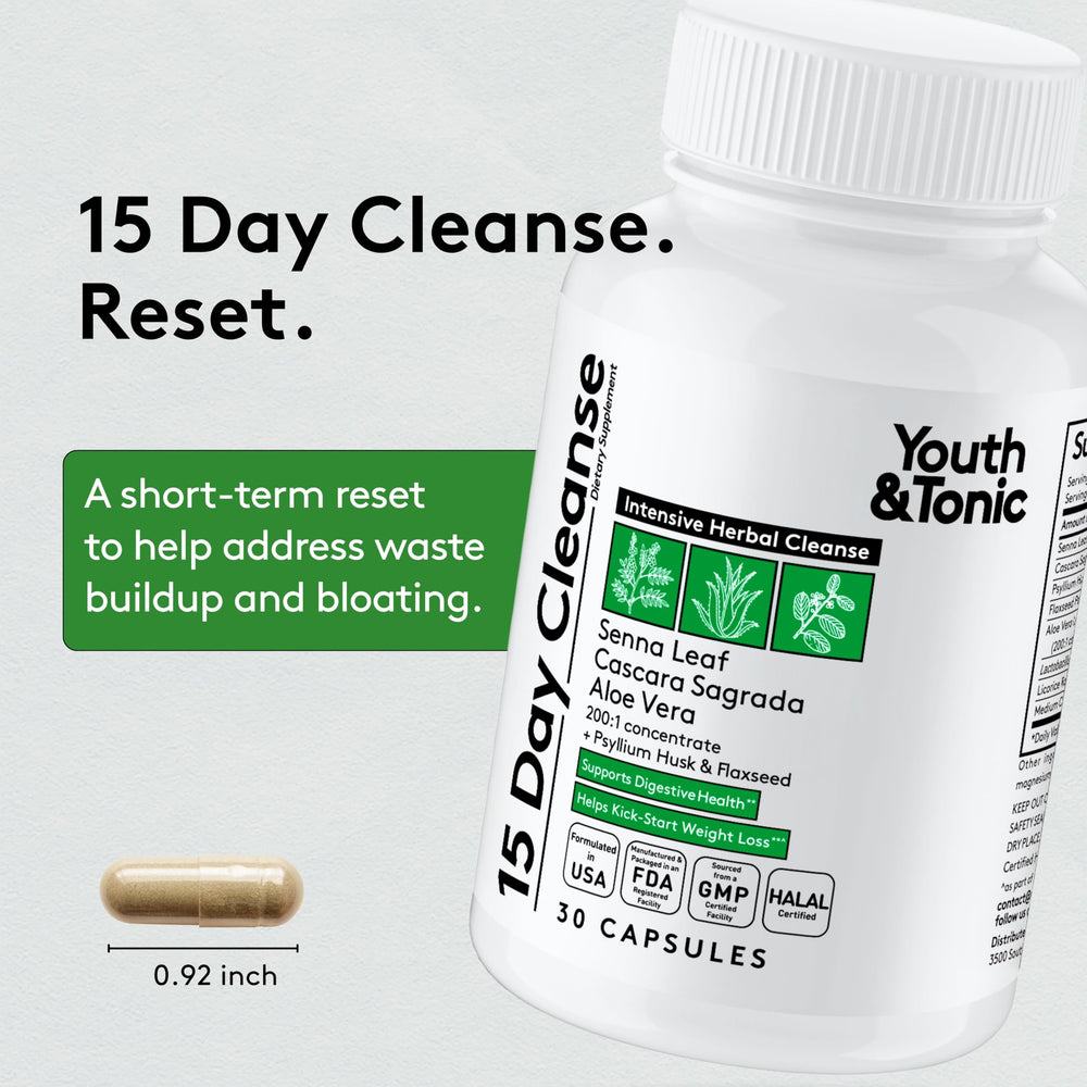 Youth & Tonic water weight away capsules shown with a glass of water.