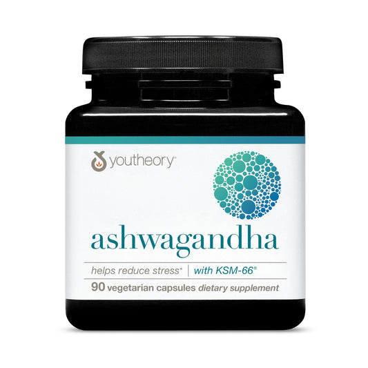 Youtheory Ashwagandha bottle for daily stress support and energy balance.