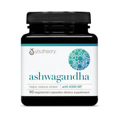 Youtheory Ashwagandha bottle for daily stress support and energy balance.