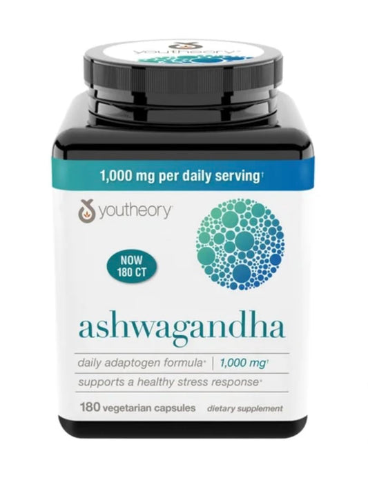 Youtheory Ashwagandha KSM-66 bottle front view supports a balanced stress response.