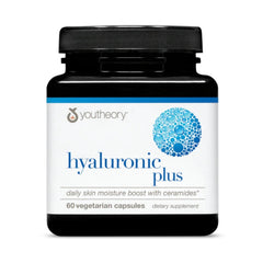 Youtheory Hyaluronic Plus capsules provide daily hydration for skin softness.