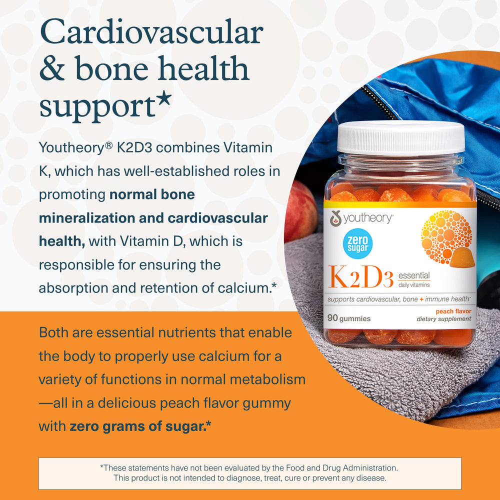 Youtheory K2D3 Zero Sugar Gummy nutrition panel closeup with mineral and vitamin details