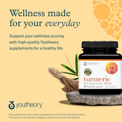 Youtheory Turmeric Extra Strength capsules glow against a premium finish.