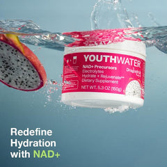 YOUTHWATER dragonfruit ready-to-drink glass showing a low-calorie, clean hydration option.