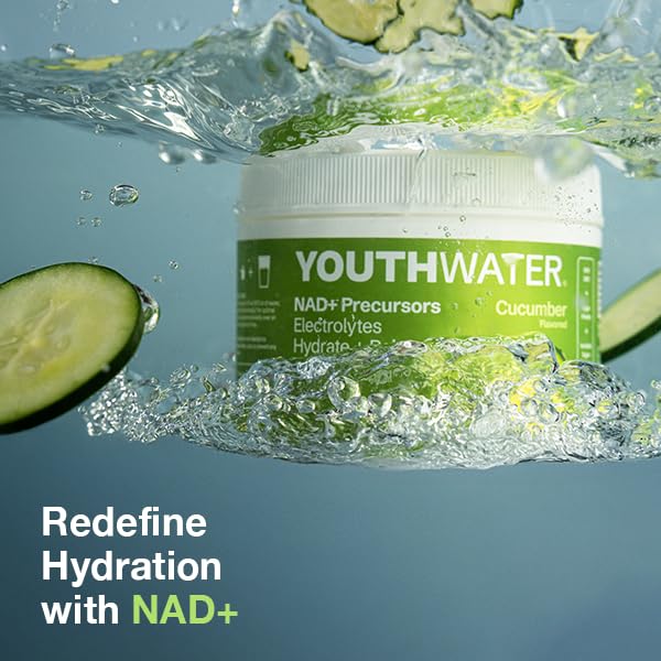 Serving-size pack of YOUTHWATER NAD+ Cucumber shows 30 servings.