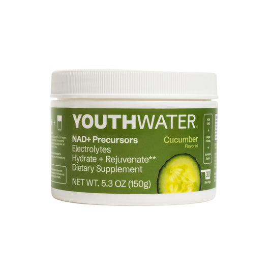 YOUTHWATER NAD+ Cucumber tub showing clean electrolytes for daily hydration.