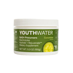 YOUTHWATER NAD+ Cucumber tub showing clean electrolytes for daily hydration.