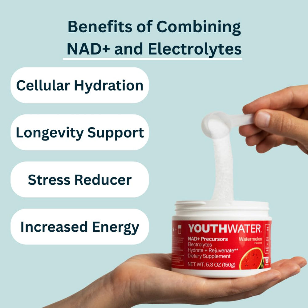YOUTHWATER NAD+ watermelon label closeup communicates natural flavor and clean ingredients.