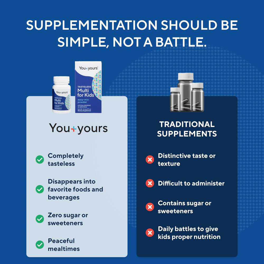 You+yours tasteless multivitamin powder added to soft foods for easy nutrition