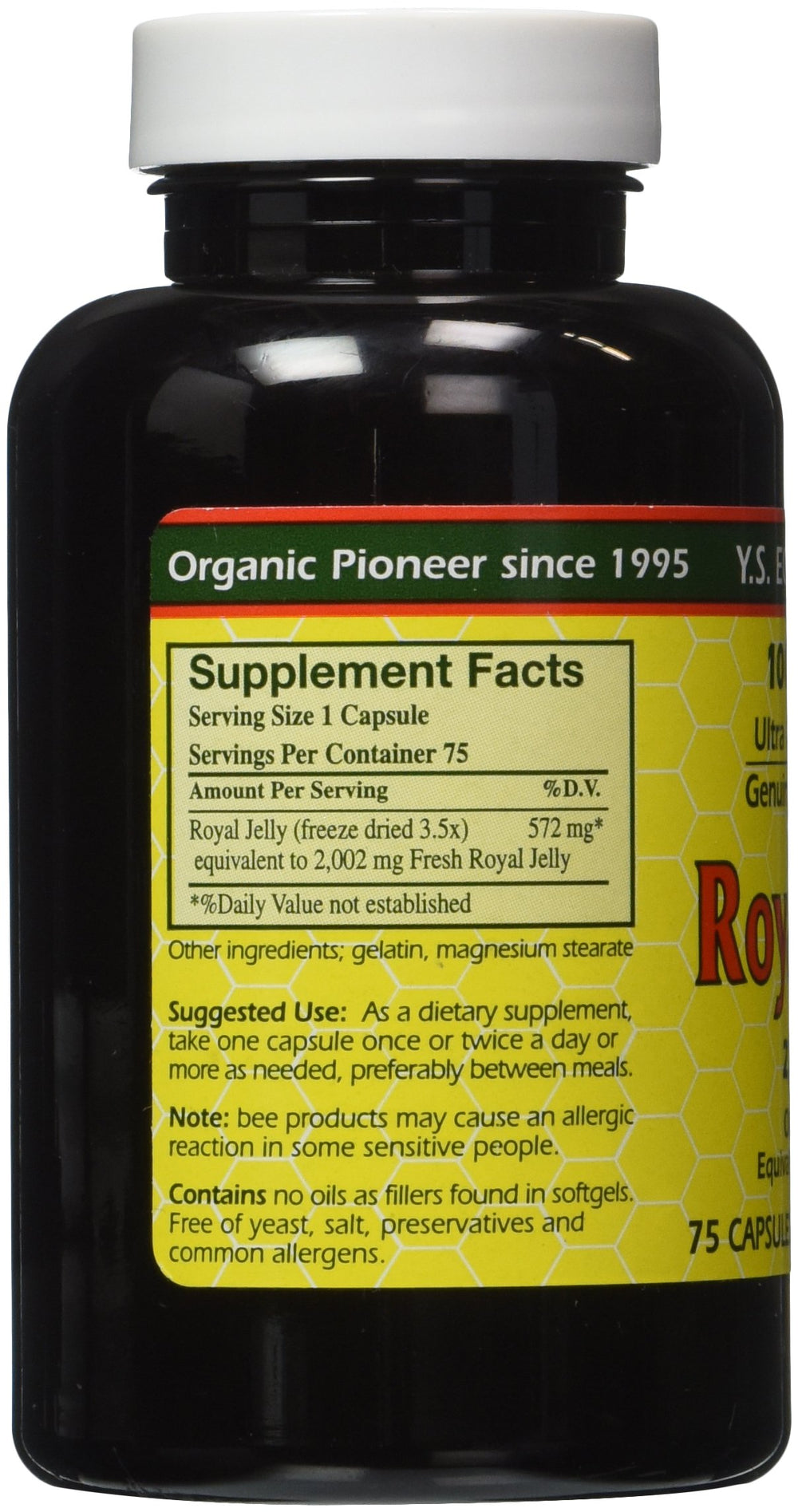 YS Eco Bee Farms freeze-dried royal jelly capsules close-up highlighting pure, convenient nutrition.