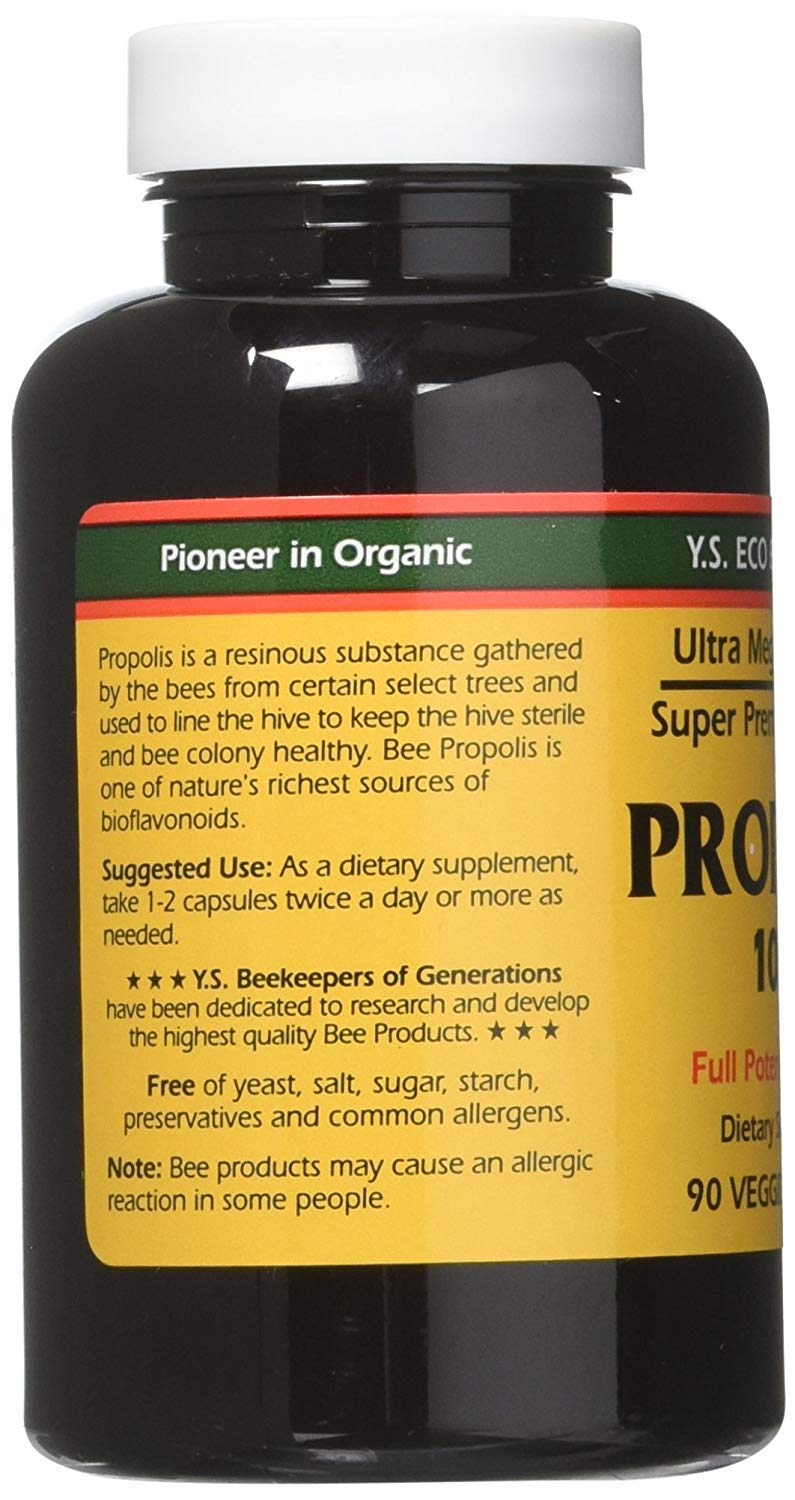 Package label shows the YS Eco Bee Farms branding and ingredient trust.