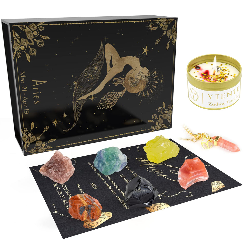 YTENTE Aries birthday gift idea with candle, crystals and necklace