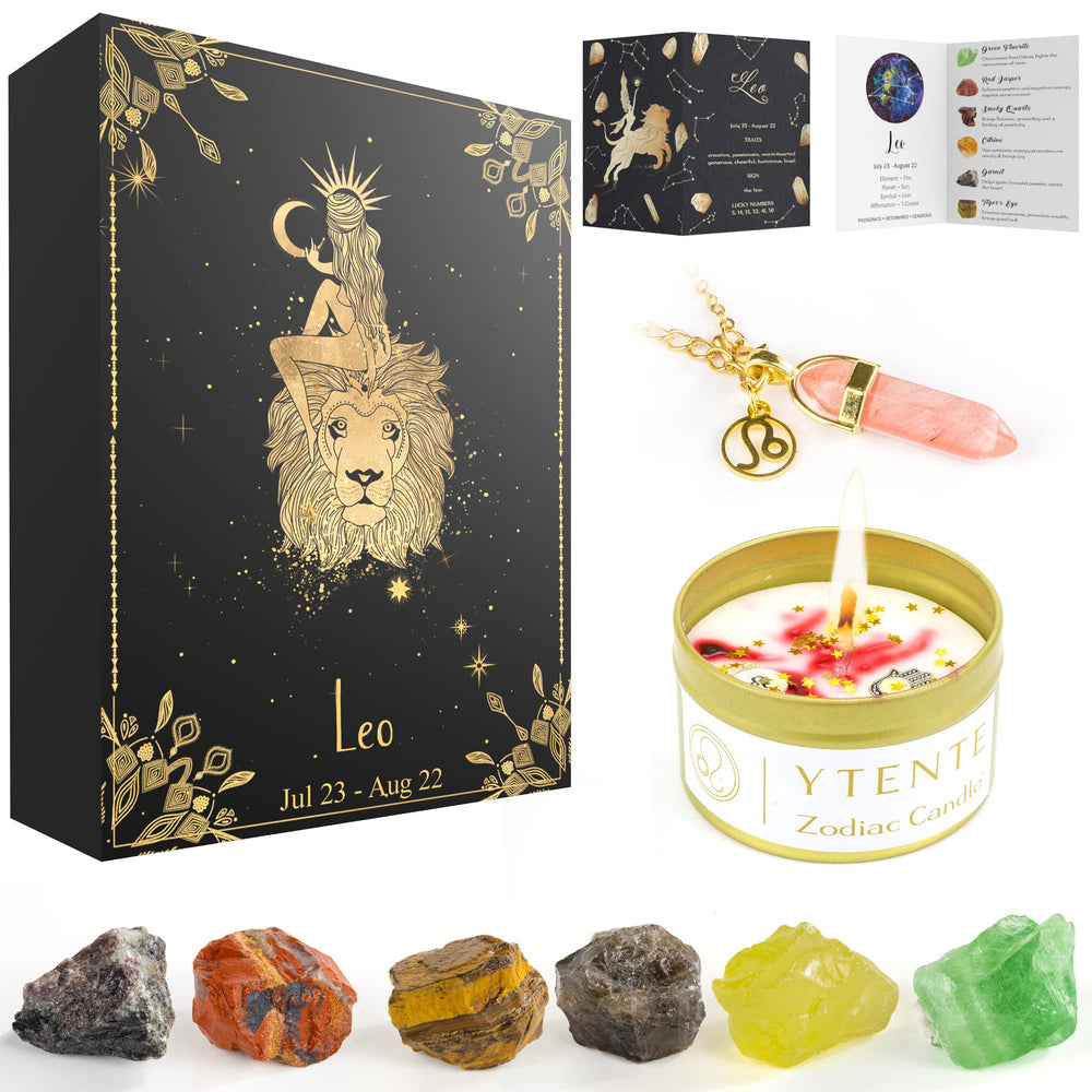YTENTE Leo zodiac candle with glitter crystals for uplifting ambiance.