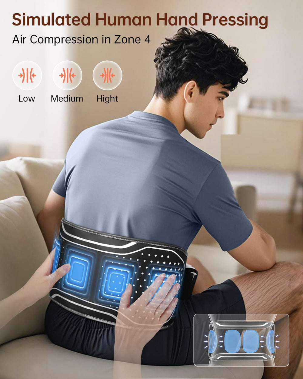 YUHUO back massager shows vibration modes for customizable relief.