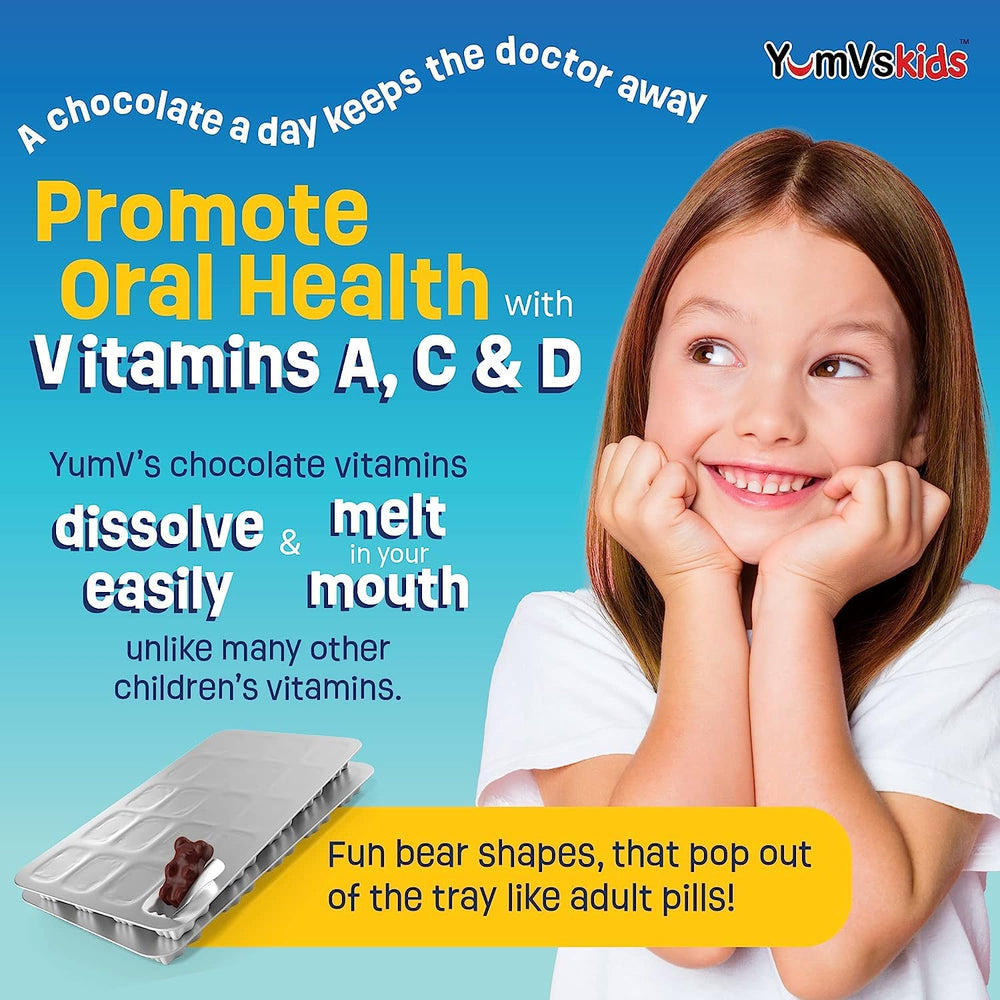 YUM-V'S Kids Chocolate Bears immune support and dental-friendly design.