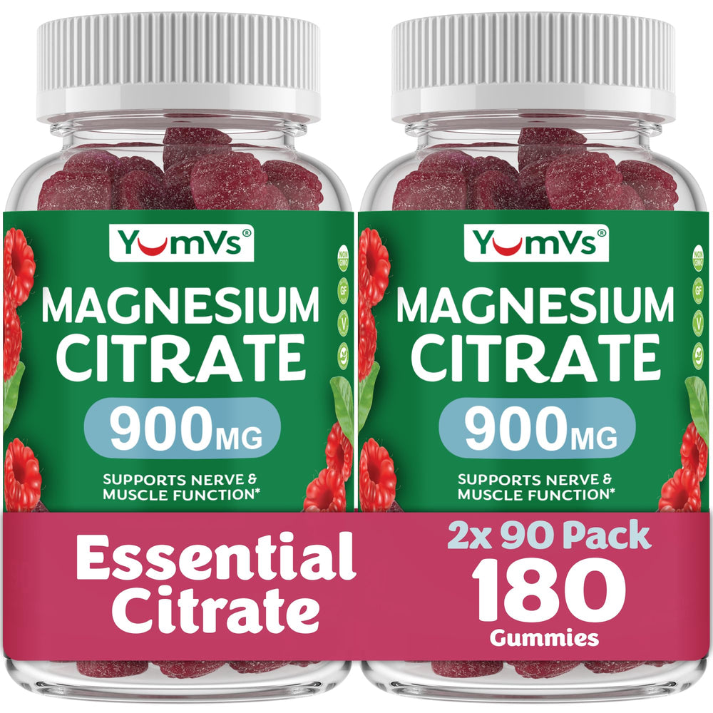 YUM-V'S Magnesium Citrate Gummies bottle front highlighting gluten-free, kosher, and raspberry flavor.